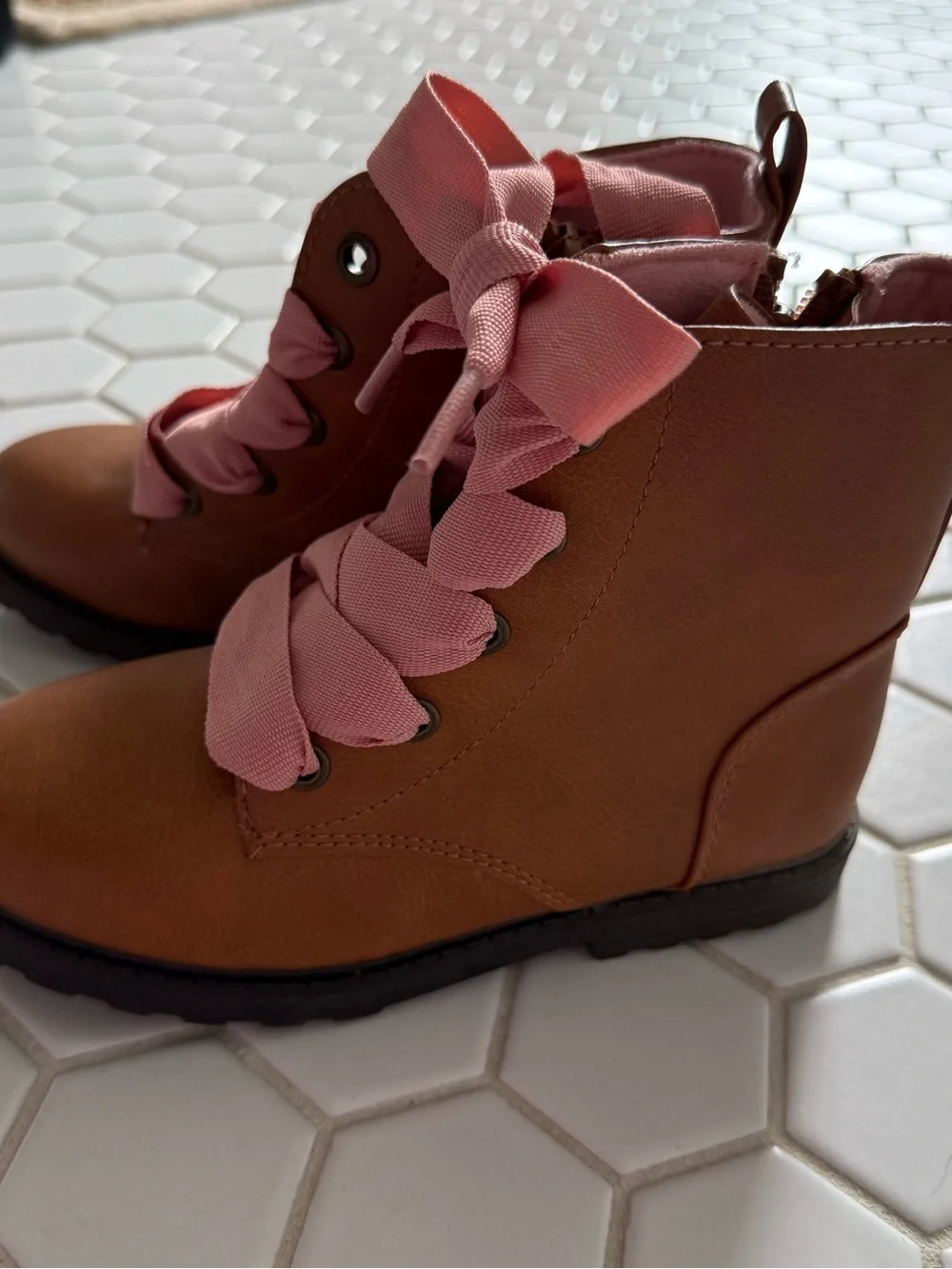 Girls Brown Ankle Boots with Pink Ribbon Laces